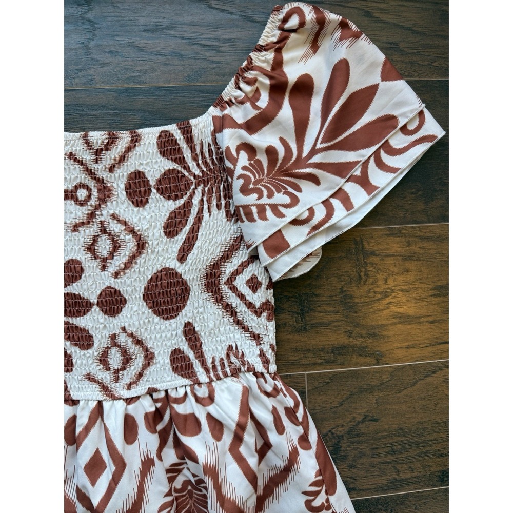 Womens Boho Smocked Midi Dress Puff Sleeve Tribal Print Flowy Summer Large Brown - Picture 4 of 8